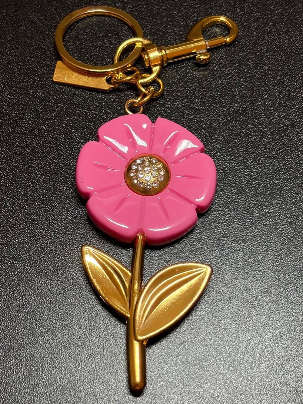 Pink Flower Keychain with Gold Stem and Crystal Center